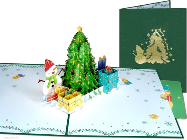 Tarjeta desplegable Popcards: tarjeta navideña con muñeco de nieve, árbol de Navidad, regalos, tarjeta de felicitación 3D Tarjeta desplegable Popcards: tarjeta navideña dorada, muñeco de nieve dorado, árbol de Navidad, regalos, tarjeta de felicitación 3D