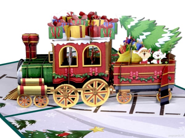 Popcards pop-up kaart – kersttrein kerstkaart trein locomotief kerstman 3D wenskaart Popcards pop-up kaart – kersttrein kerstkaart trein locomotief kerstman 3D wenskaart