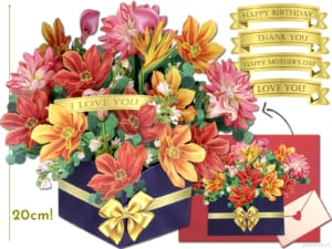 Popcards pop-up kaart – Grote blauwe vaas met diverse bloemen Dahlia gemengd boeket gouden strik 3D wenskaart