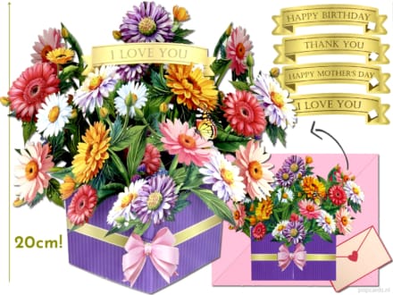 Tarjeta desplegable Popcards – Margriet Margrieten Gran jarrón morado con varias flores, ramo mixto, tarjeta de felicitación 3D