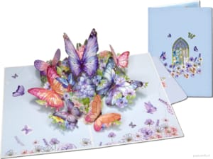 Tarjeta desplegable Popcards: Tarjeta de lujo con mariposas, hermosas mariposas de colores azules, tarjeta de felicitación 3D