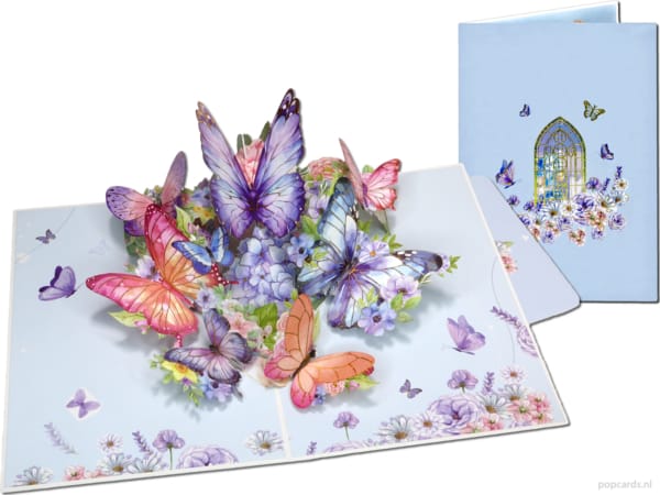 Tarjeta desplegable Popcards: Tarjeta de lujo con mariposas, hermosas mariposas de colores azules, tarjeta de felicitación 3D