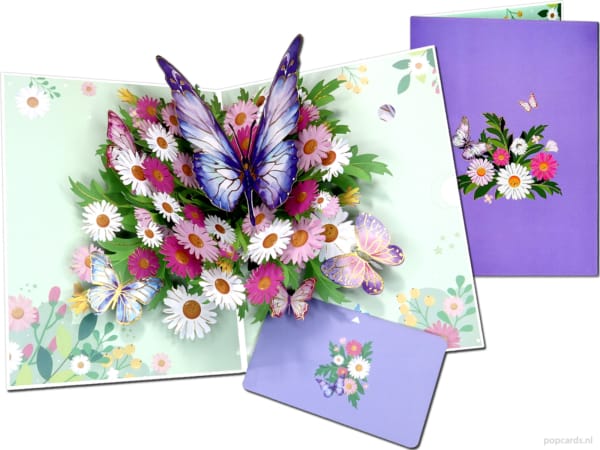 Tarjeta desplegable Popcards: Tarjeta de mariposas de lujo con hermosas mariposas de colores y margaritas moradas. Tarjeta de felicitación 3D.