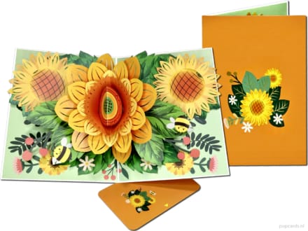Tarjeta desplegable Popcards: Abejas de girasol entre girasoles, arte de Van Gogh, tarjeta de felicitación 3D
