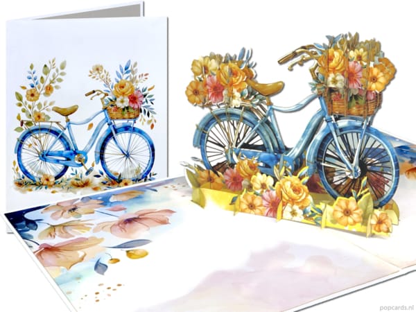 Popcards pop-up kaart – Fiets met bloemen Blauw pastel pastelkleuren damesfiets 3D kaart wenskaart