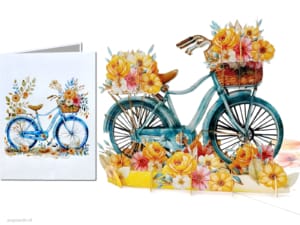 Tarjeta desplegable Popcards: Bicicleta con flores. Tarjeta de felicitación 3D con bicicleta de mujer en tonos pastel azul.