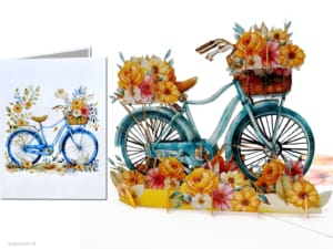 Popcards pop-up kaart – Fiets met bloemen Blauw pastel pastelkleuren damesfiets 3D kaart wenskaart