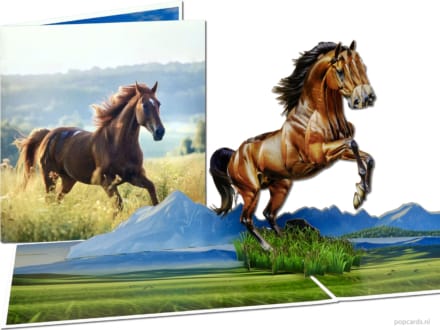 Tarjeta desplegable Popcards: caballo marrón encabritado al galope, paisaje montañoso, tarjeta de felicitación 3D para amantes de los caballos.