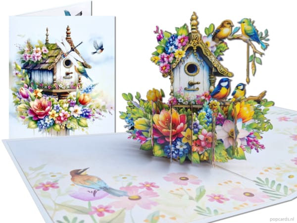 Tarjeta desplegable Popcards: casa de pájaros, flores de primavera, nido de pájaro, tarjeta 3D, tarjeta de felicitación