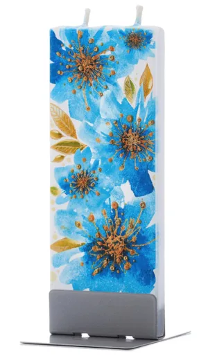 Flatyz Flachkerze, handbemalt -D22015, blau-gelb-goldene Blumen