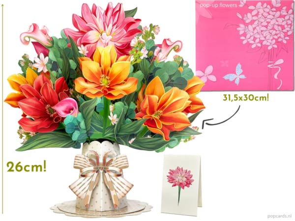 Biglietto di auguri pop-up con un bouquet di fiori di dalia di grandi dimensioni Biglietto di auguri pop-up con un bouquet di fiori di dalia di grandi dimensioni