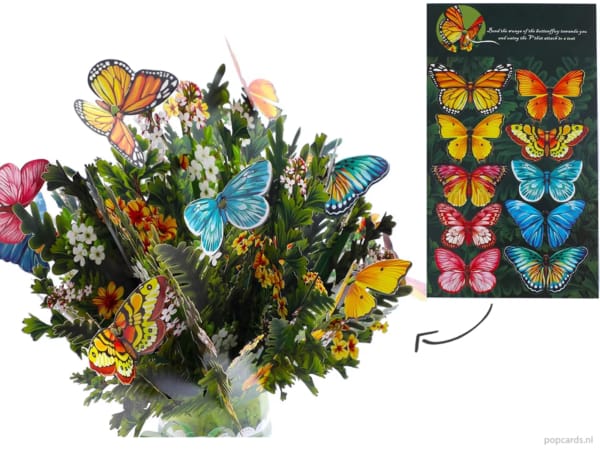 Carte de vœux pop-up avec un très grand bouquet de fleurs et des papillons Carte de vœux pop-up avec un très grand bouquet de fleurs et des papillons