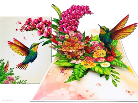 Popcards.nl pop up kaart – Kleurrijke Kolibrie vogel bloem bloesemvrolijke Kerst kerstkaart pinguins kerstboom sneeuwpop popupkaart 3D wenskaart