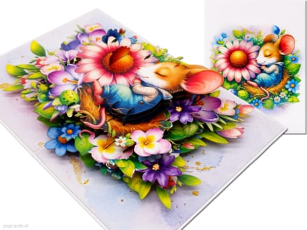 Popcards.nl pop up kaart – Slapende muis op bloemen veldmuis muisje popupkaart 3D wenskaart