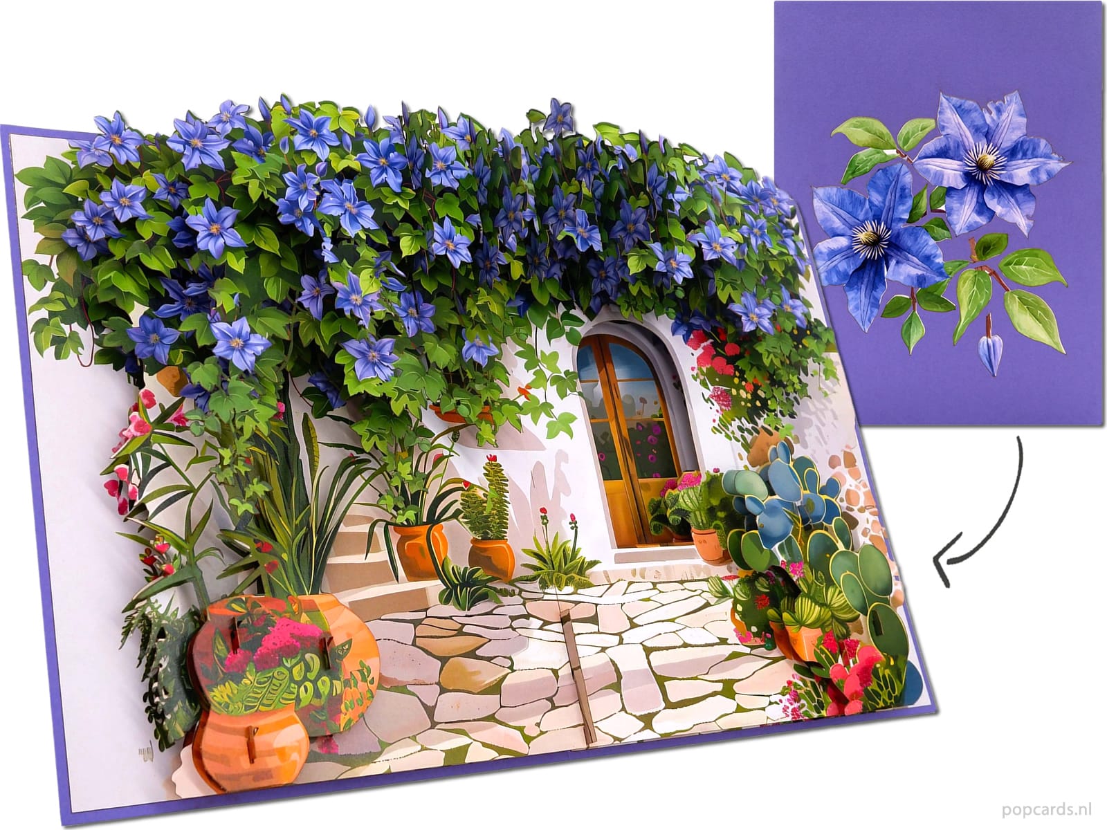 Popcards.nl pop-up tarjeta - Clemátide, flor morada, flores, Italia, jardín mediterráneo, verano, 3D, tarjeta, deseo tarjeta